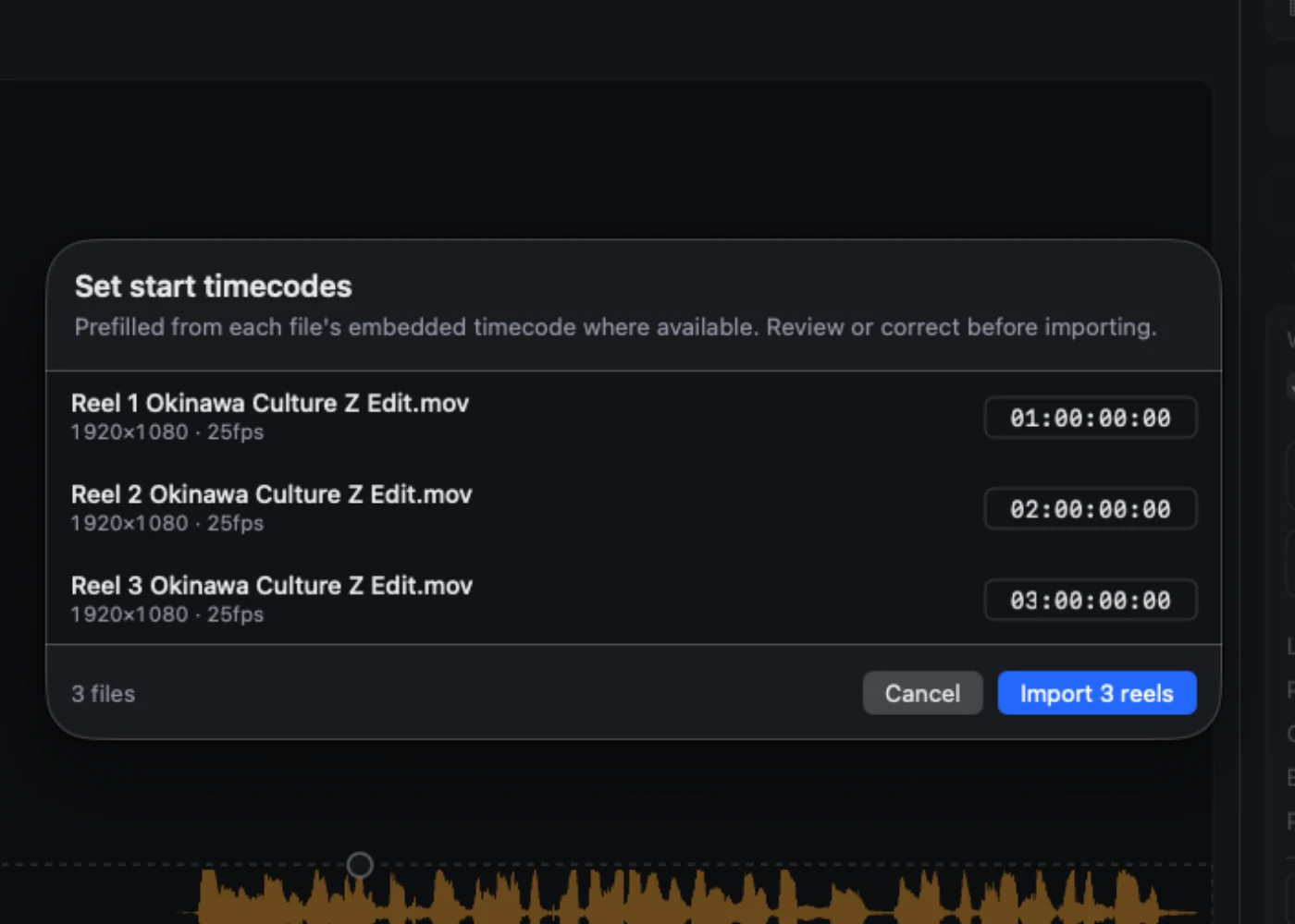 PictoWave Pro's Set start timecodes dialog: three reels of a show ready to import, each with its start timecode